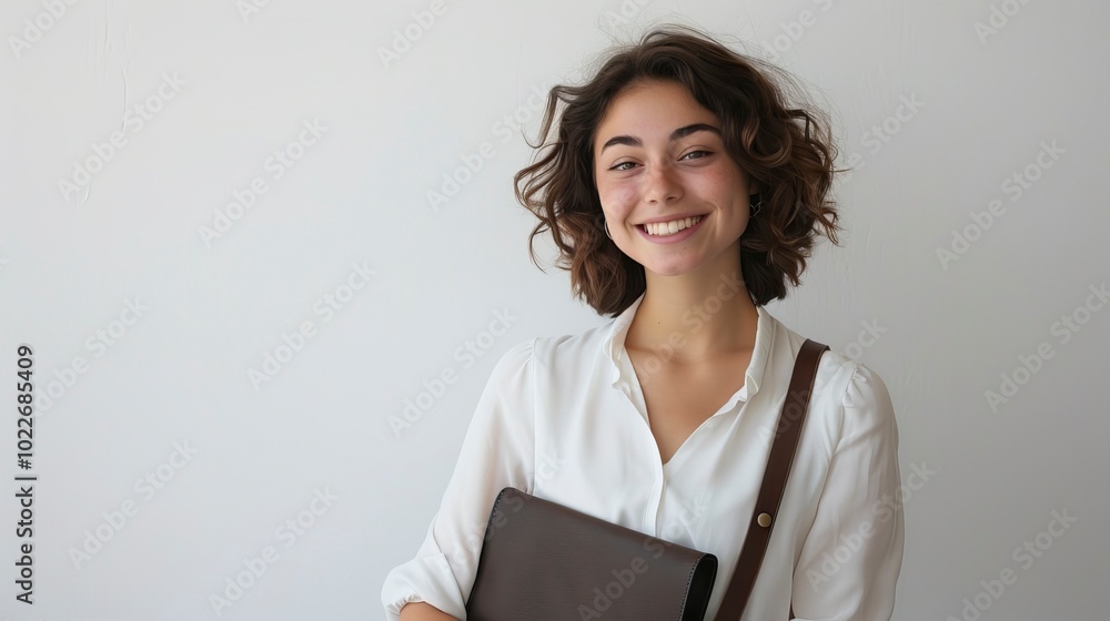 Happy and confident English woman with a dark brown document case in her hand against White wall waiting in formal dress in office environment , Best Job Candidate Happy and confident English woman with a dark brown document case in her hand against White wall waiting in formal dress in office environment , Best Job Candidate