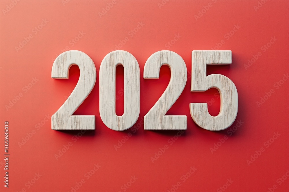 Wooden 2025 Numbers on a Vibrant Coral Background Wooden 2025 Numbers on a Vibrant Coral Background