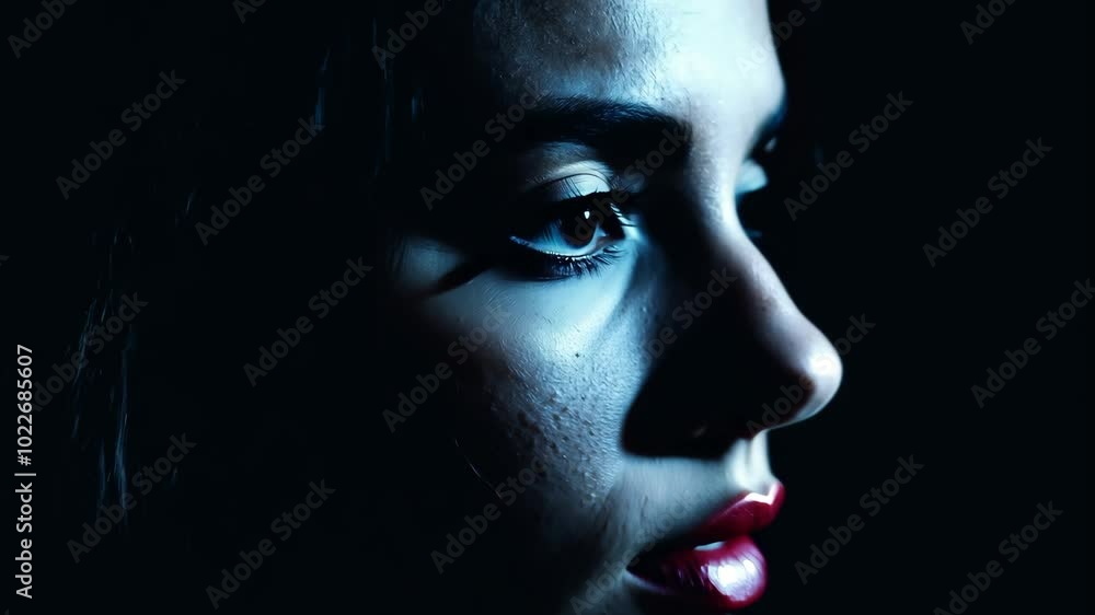 Mysterious female profile in dramatic blue lighting Mysterious female profile in dramatic blue lighting