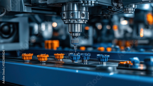 Close-up of an industrial CNC machine drilling components on a production line, showcasing precision engineering and automation.