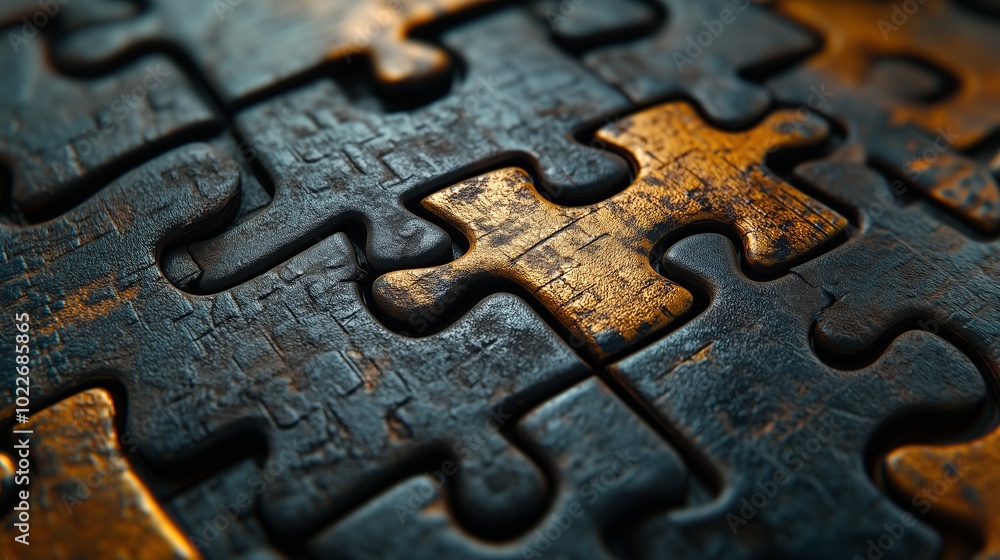 Close-up of interlocking metallic puzzle pieces with a glowing effect Close-up of interlocking metallic puzzle pieces with a glowing effect
