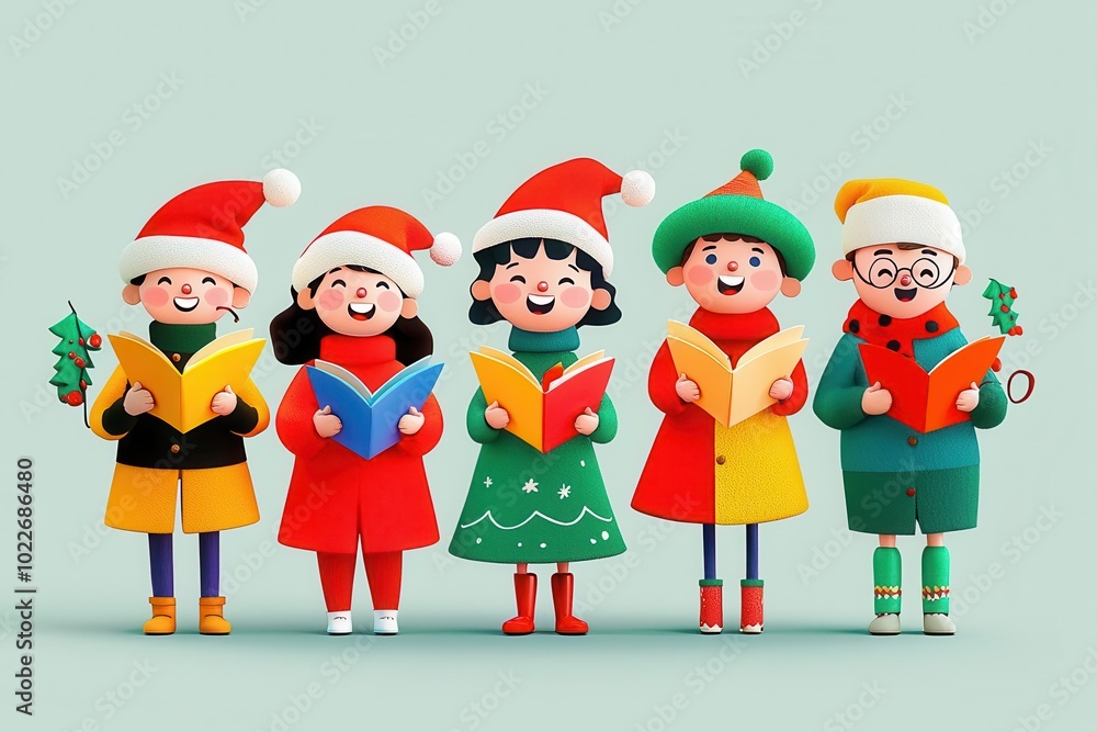 Merry Christmas 2025, cheerful carolers spreading smiles, warm holiday night, flat design illustration Merry Christmas 2025, cheerful carolers spreading smiles, warm holiday night, flat design illustration