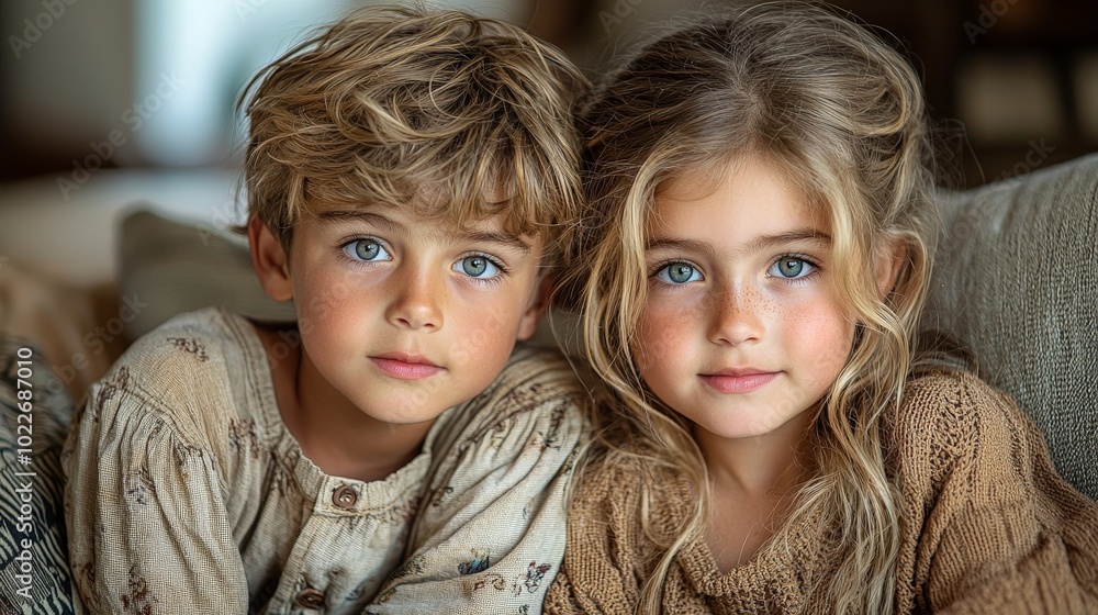 Two children with blue eyes and soft expressions sitting closely together. Two children with blue eyes and soft expressions sitting closely together.