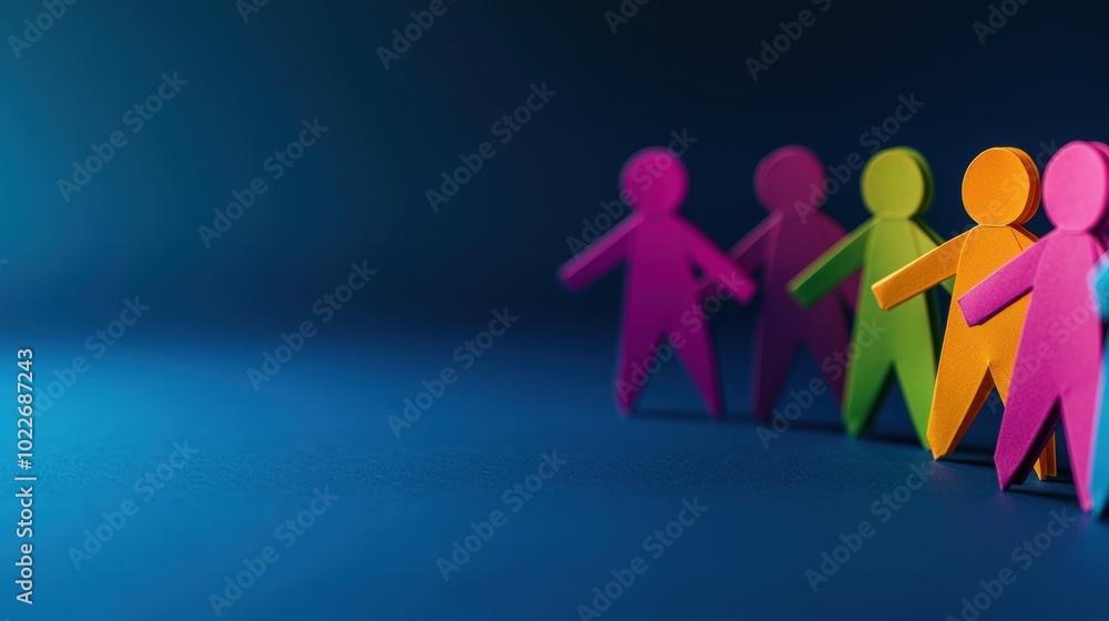 Colorful paper figures representing diversity and unity, standing together against a gradient blue background, ideal for concepts of inclusion and teamwork. Colorful paper figures representing diversity and unity, standing together against a gradient blue background, ideal for concepts of inclusion and teamwork.