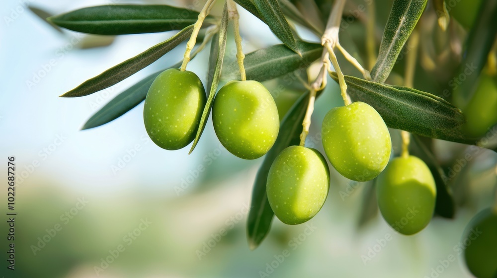Fresh green olives hanging on a branch, surrounded by vibrant leaves, showcasing the beauty of nature in a clear, serene setting. Fresh green olives hanging on a branch, surrounded by vibrant leaves, showcasing the beauty of nature in a clear, serene setting.