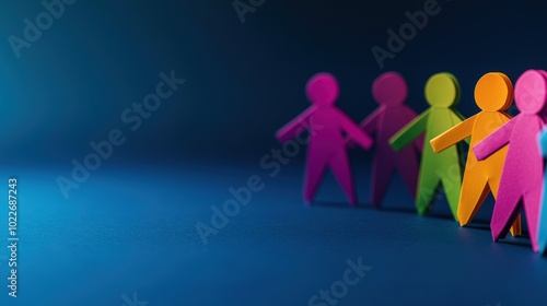 Colorful paper figures representing diversity and unity, standing together against a gradient blue background, ideal for concepts of inclusion and teamwork.