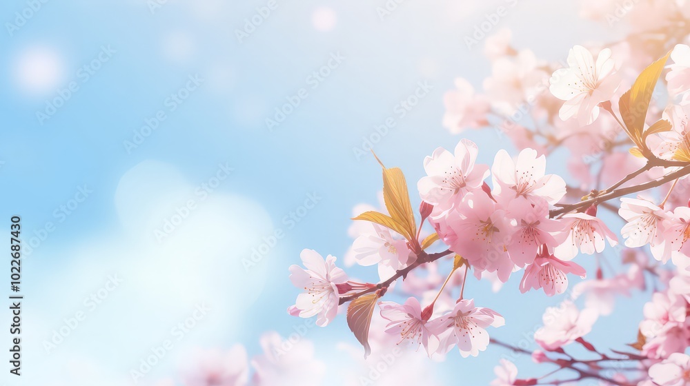 Branches of blossoming cherry against background of blue sky and fluttering butterflies in spring on nature outdoors, copy space. Branches of blossoming cherry against background of blue sky and fluttering butterflies in spring on nature outdoors, copy space.