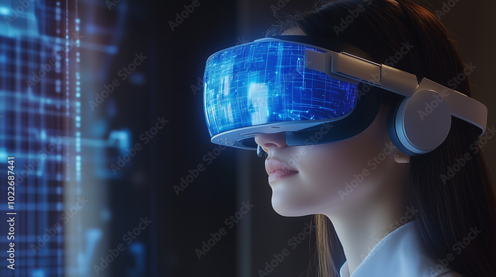 A woman wearing a VR headset with blue glowing lights in the lenses, looking into the distance. A woman wearing a VR headset with blue glowing lights in the lenses, looking into the distance.