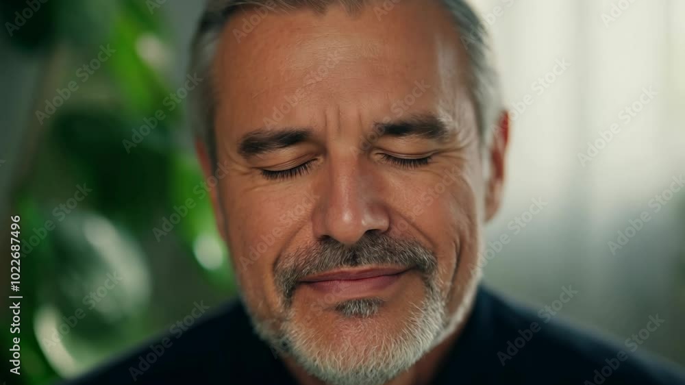Close-up of a middle-aged bearded man expressing relief with soft, diffused light and static camera Close-up of a middle-aged bearded man expressing relief with soft, diffused light and static camera