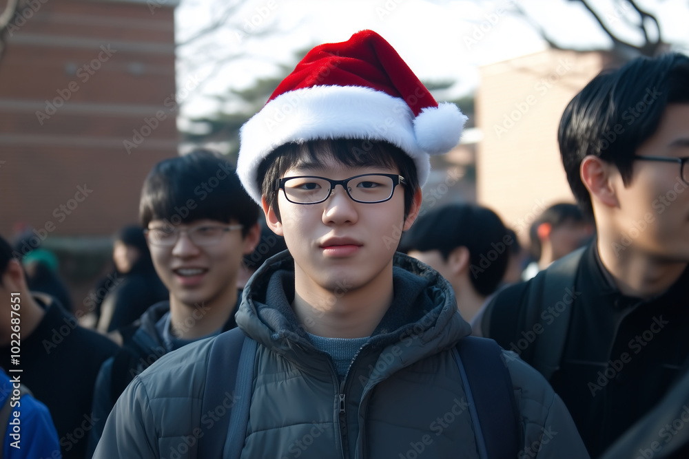 Young man in red Santa hat and grey jacket looks directly at camera. Young man in red Santa hat and grey jacket looks directly at camera.