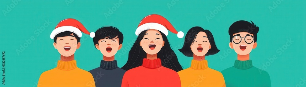 Fototapeta premium Merry Christmas 2025, festive tradition of caroling, joyful community celebration, flat design illustration