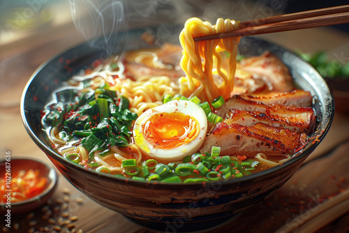 A steaming bowl of ramen with noodles, green onions, sliced pork, seaweed, and a soft-boiled egg, served in a rustic dish. photo