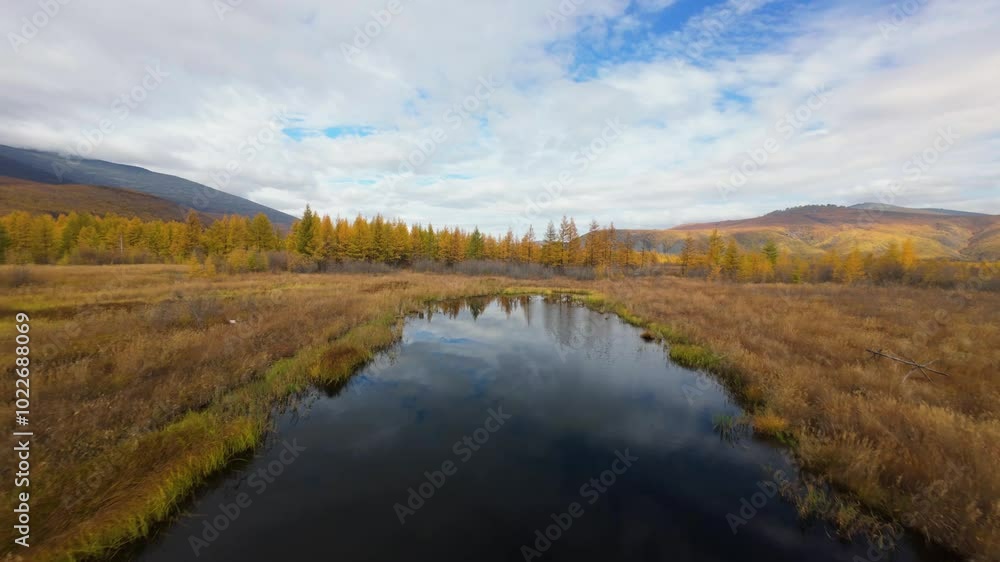 Experience the beauty of autumn as a drone glides over shimmering waters, showcasing golden trees and stunning mountain backdrops. Nature's colors come alive in this peaceful setting. Experience the beauty of autumn as a drone glides over shimmering waters, showcasing golden trees and stunning mountain backdrops. Nature's colors come alive in this peaceful setting.