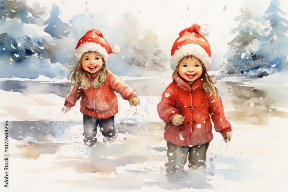 Two joyful children in red jackets and Santa hats play in fresh snow, creating a cheerful winter scene with snowy trees in the background. Two joyful children in red jackets and Santa hats play in fresh snow, creating a cheerful winter scene with snowy trees in the background.