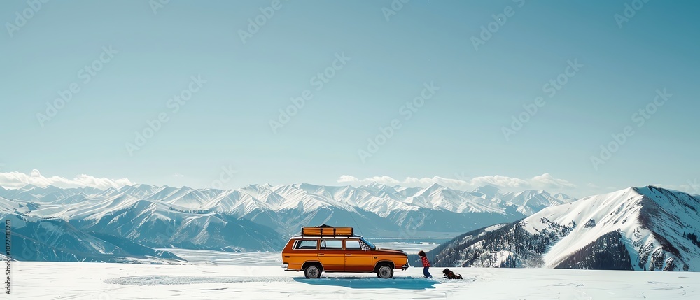1970s family road trip, station wagon parked on a snowy mountain pass, kids playing in the snow, soft colors 1970s family road trip, station wagon parked on a snowy mountain pass, kids playing in the snow, soft colors