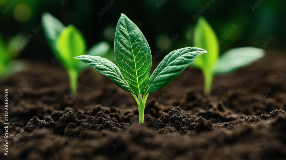 Close-up of a small green seedling growing in rich, dark soil surrounded by blurred background foliage, representing new growth and sustainability in nature. Close-up of a small green seedling growing in rich, dark soil surrounded by blurred background foliage, representing new growth and sustainability in nature.
