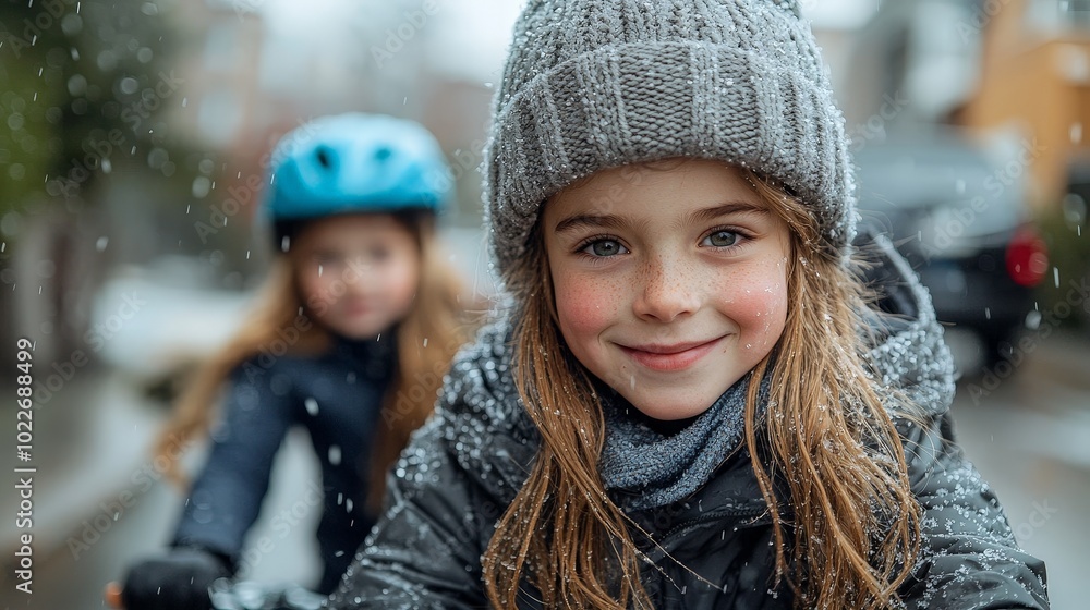 Two girls riding bikes in the snow, smiling and enjoying a winter day outdoors. Two girls riding bikes in the snow, smiling and enjoying a winter day outdoors.
