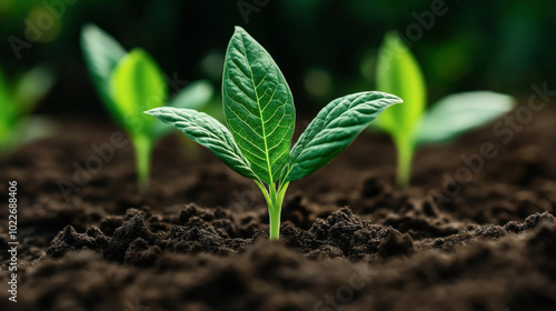 Close-up of a small green seedling growing in rich, dark soil surrounded by blurred background foliage, representing new growth and sustainability in nature.