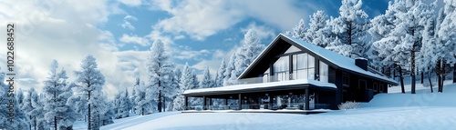 Cabin in the woods, roof covered in fresh snow, 3D illustration photo