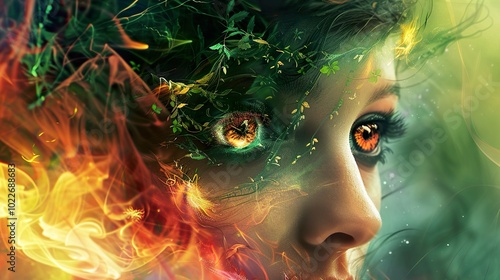 Surreal Dreamlike Fantasy Art: Woman's Eye with Fire and Green Leaves