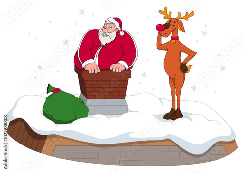 Santa stuck in a chimney and a disappointed reindeer