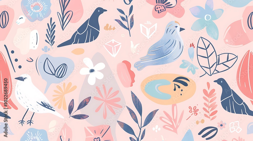 A fun doodle design with hand-drawn birds, flowers, and abstract shapes, all in pastel shades, arranged randomly on a soft pink background. 8k UHD, suitable for high-quality printing or digital A fun doodle design with hand-drawn birds, flowers, and abstract shapes, all in pastel shades, arranged randomly on a soft pink background. 8k UHD, suitable for high-quality printing or digital