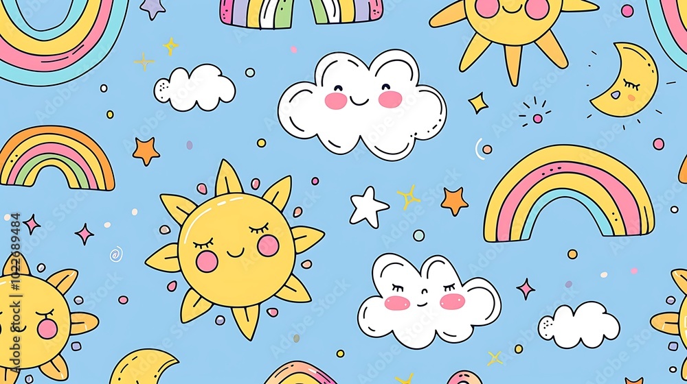 A quirky doodle pattern with little smiling sun, clouds, and playful rainbows, drawn with simple lines and pastel colors on a light blue backdrop. 8k UHD, suitable for high-quality printing A quirky doodle pattern with little smiling sun, clouds, and playful rainbows, drawn with simple lines and pastel colors on a light blue backdrop. 8k UHD, suitable for high-quality printing
