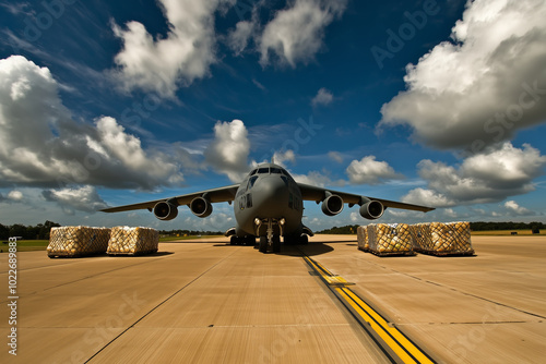 Cargo Plane on Runway with Cargo Boxes and Cloudy Sky.