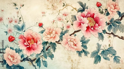 A beautiful depiction of colorful peonies and flowers, intertwined with delicate leaves against a soft, textured background.