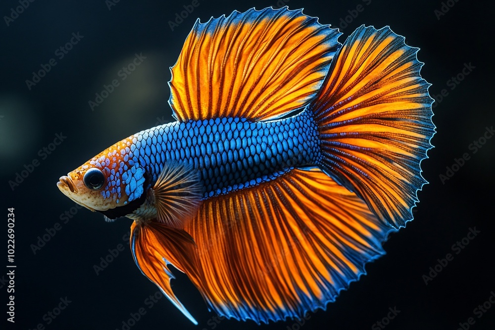 A vibrant blue and orange Betta fish with flowing fins against a dark background. A vibrant blue and orange Betta fish with flowing fins against a dark background.