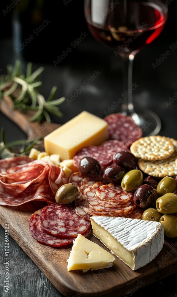 Cheese, salami, olives, crackers, wine on a wooden board. Cheese, salami, olives, crackers, wine on a wooden board.