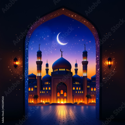 Wallpaper Mural Islamic city with madrasah, sky with crescent moon and stars. View through arch. Ramadan islamic concept wallpaper. Magical Arabian Nights Background. Torontodigital.ca