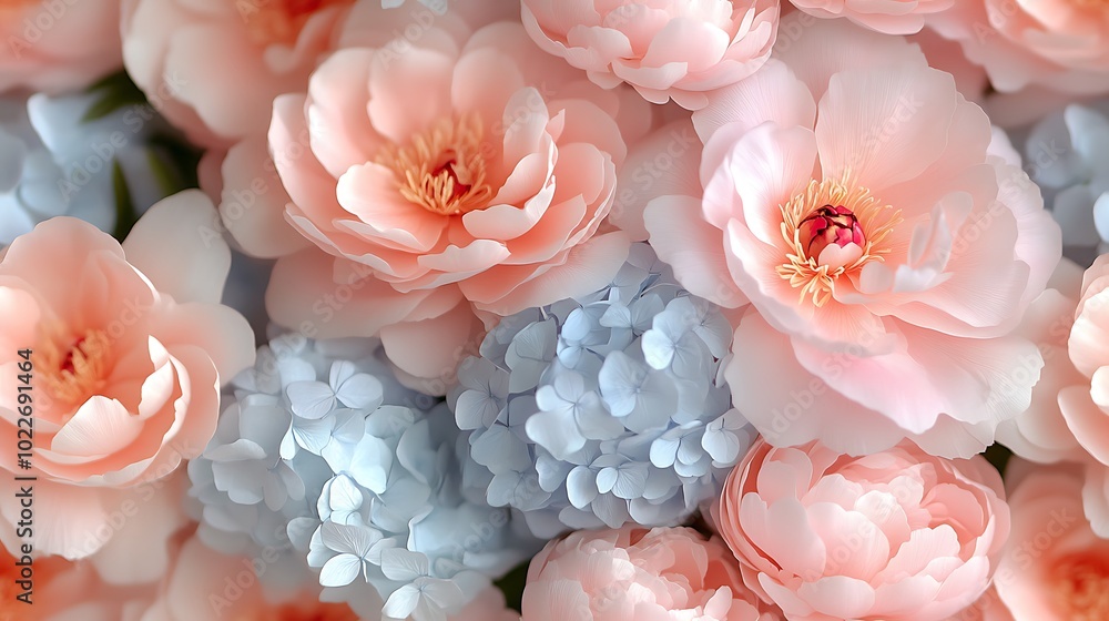 Soft pastel peonies and hydrangeas in shades of pink and light blue, gently intertwined in a seamless pattern, hd quality, detailed petals and leaves, subtle shadows and softly lit pastel background. Soft pastel peonies and hydrangeas in shades of pink and light blue, gently intertwined in a seamless pattern, hd quality, detailed petals and leaves, subtle shadows and softly lit pastel background.