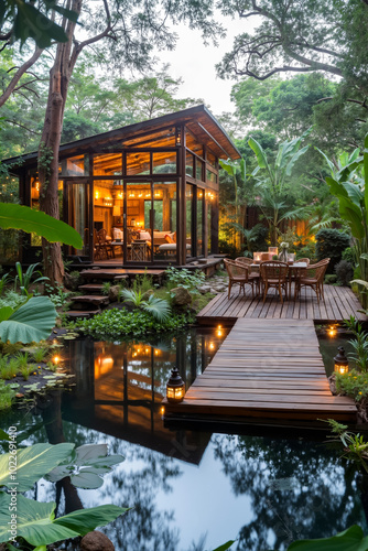 A wooden walkway leads to a small pond in the middle of a lush green forest