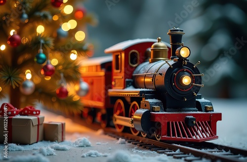 It's a toy locomotive under the Christmas tree. It's a toy train under the Christmas tree. Christmas presents. Happy New Year. Merry Christmas. It's a tree for Christmas 