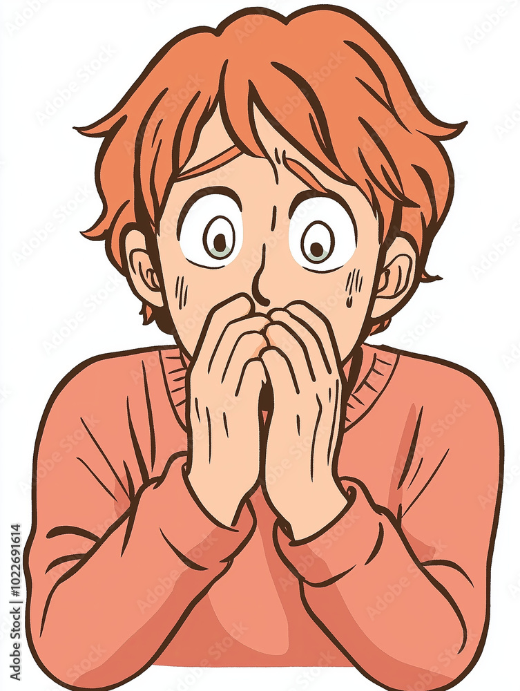 A red-haired man in a pink sweater looks terrified and covers his mouth with his hands. A red-haired man in a pink sweater looks terrified and covers his mouth with his hands.