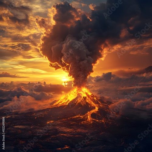 Dramatic Volcanic Eruption With Lava and Ash Clouds at Fiery Sunset