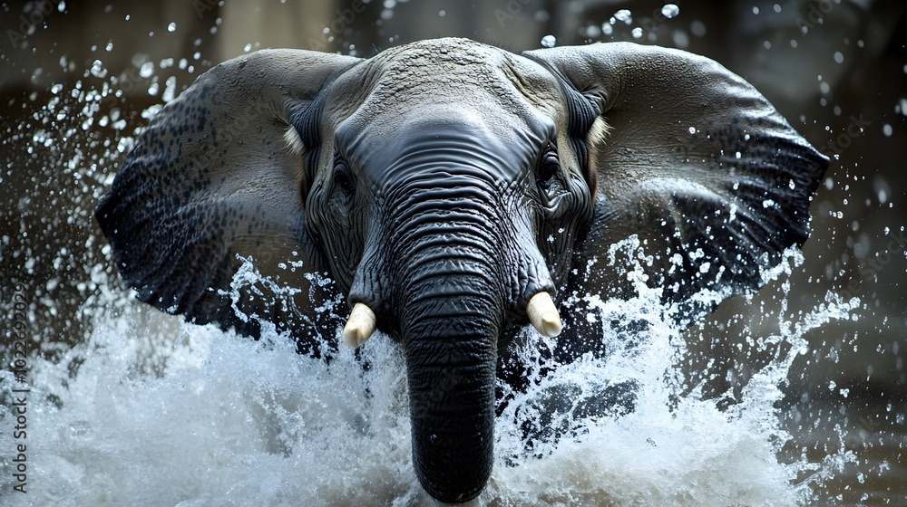Fototapeta premium Majestic Elephant Charging Through Powerful Waterfall in Storm