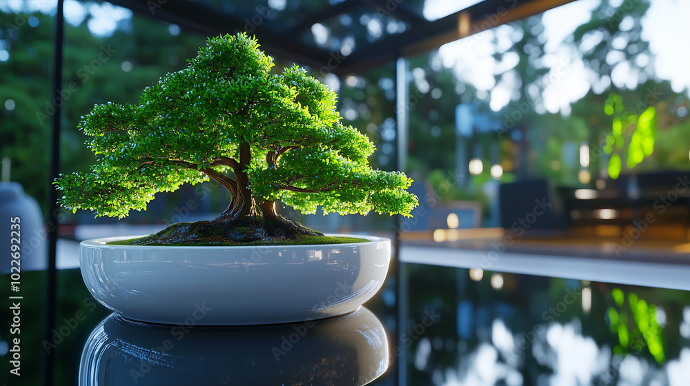 A bonsai tree in a white pot on a table with a blurred green background. A bonsai tree in a white pot on a table with a blurred green background.