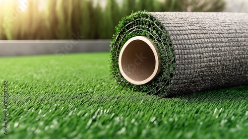 Obraz na płótnie Close-up of a rolled artificial grass mat on a lawn with a blurred background, showing texture and outdoor setting. w salonie