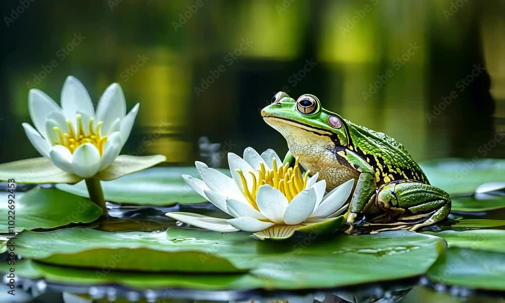 Green Frog Perched on a Water Lily in a Pond Green Frog Perched on a Water Lily in a Pond