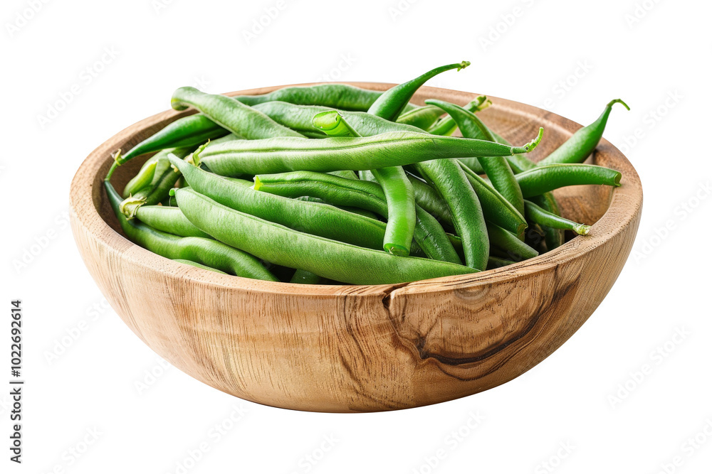 Vegetable green beans in wooden bowl isolated on transparent background. Vegetable green beans in wooden bowl isolated on transparent background.