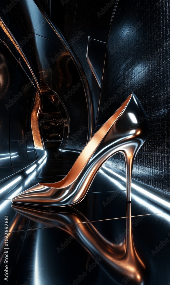 Metallic high heel in futuristic setting. Metallic high heel in futuristic setting.