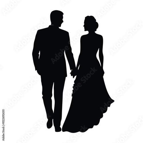 a romantic couple walking with holding hands vector silhouette isolated white background