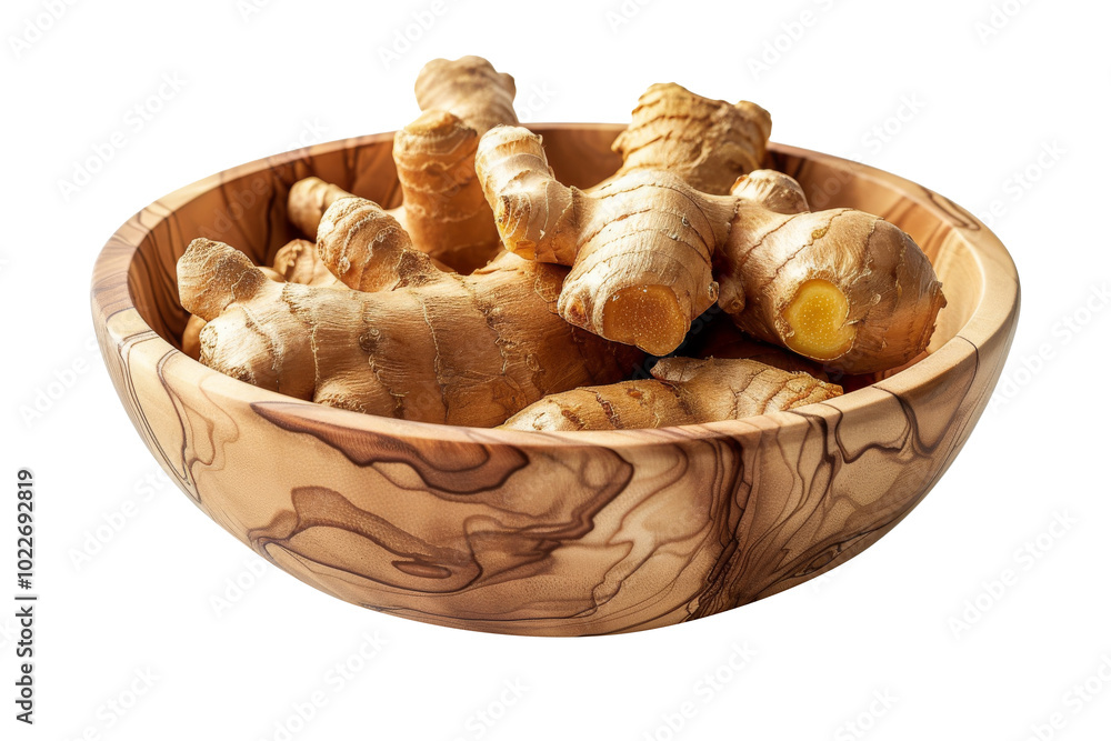 Ginger in wooden bowl isolated on transparent background. Ginger in wooden bowl isolated on transparent background.
