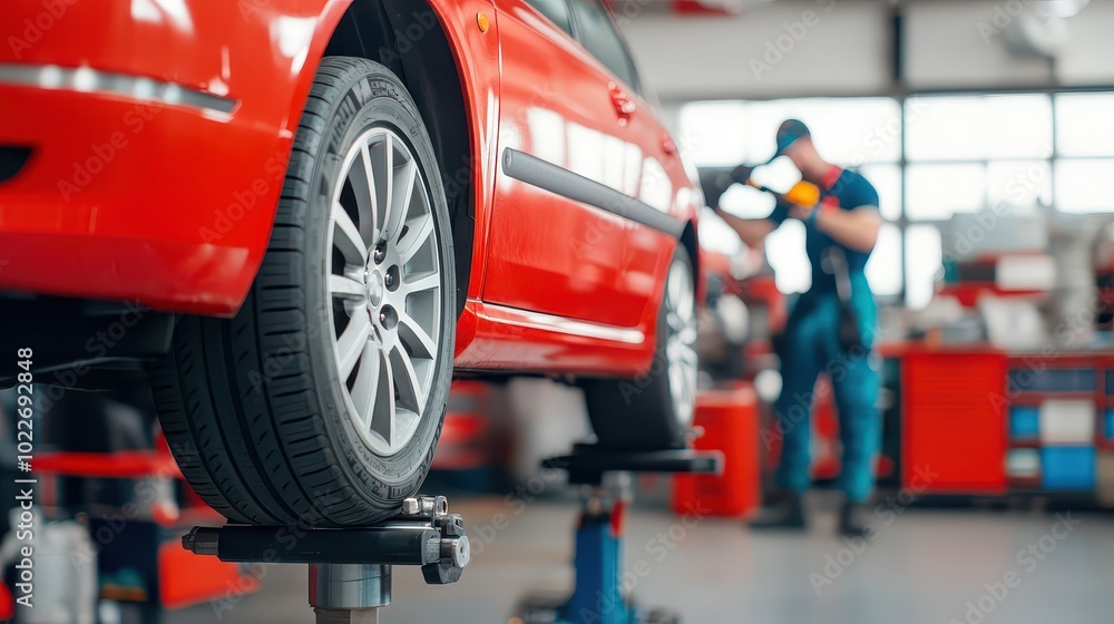 A mechanic working on a red car in a modern auto repair shop, showcasing tire maintenance and vehicle servicing. A mechanic working on a red car in a modern auto repair shop, showcasing tire maintenance and vehicle servicing.