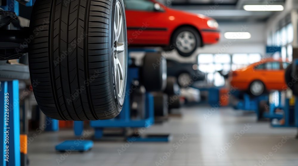A modern garage showcasing lifted vehicles with a focus on tire maintenance and automotive repair services. A modern garage showcasing lifted vehicles with a focus on tire maintenance and automotive repair services.