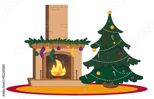 Fireplace and Christmas tree on Christmas eve