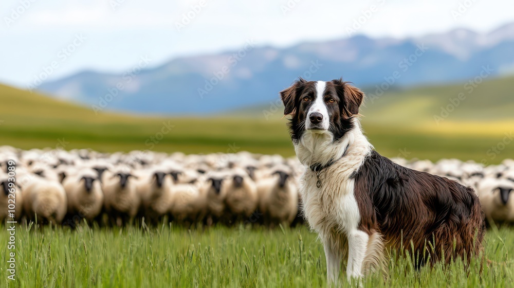 A border collie guards a flock of sheep in a lush, green field with mountains in the background, showcasing the bond between dog and livestock. A border collie guards a flock of sheep in a lush, green field with mountains in the background, showcasing the bond between dog and livestock.