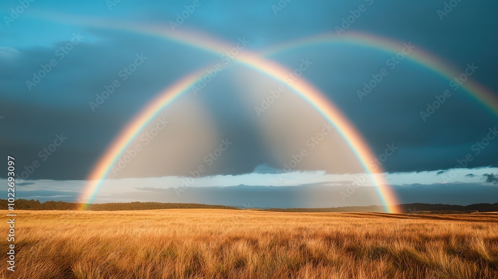 A breathtaking landscape featuring a double rainbow arching over a golden field under a moody sky, signifying beauty and hope. A breathtaking landscape featuring a double rainbow arching over a golden field under a moody sky, signifying beauty and hope.